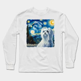 Starry Maltese Dog Portrait - Pet Portrait Long Sleeve T-Shirt